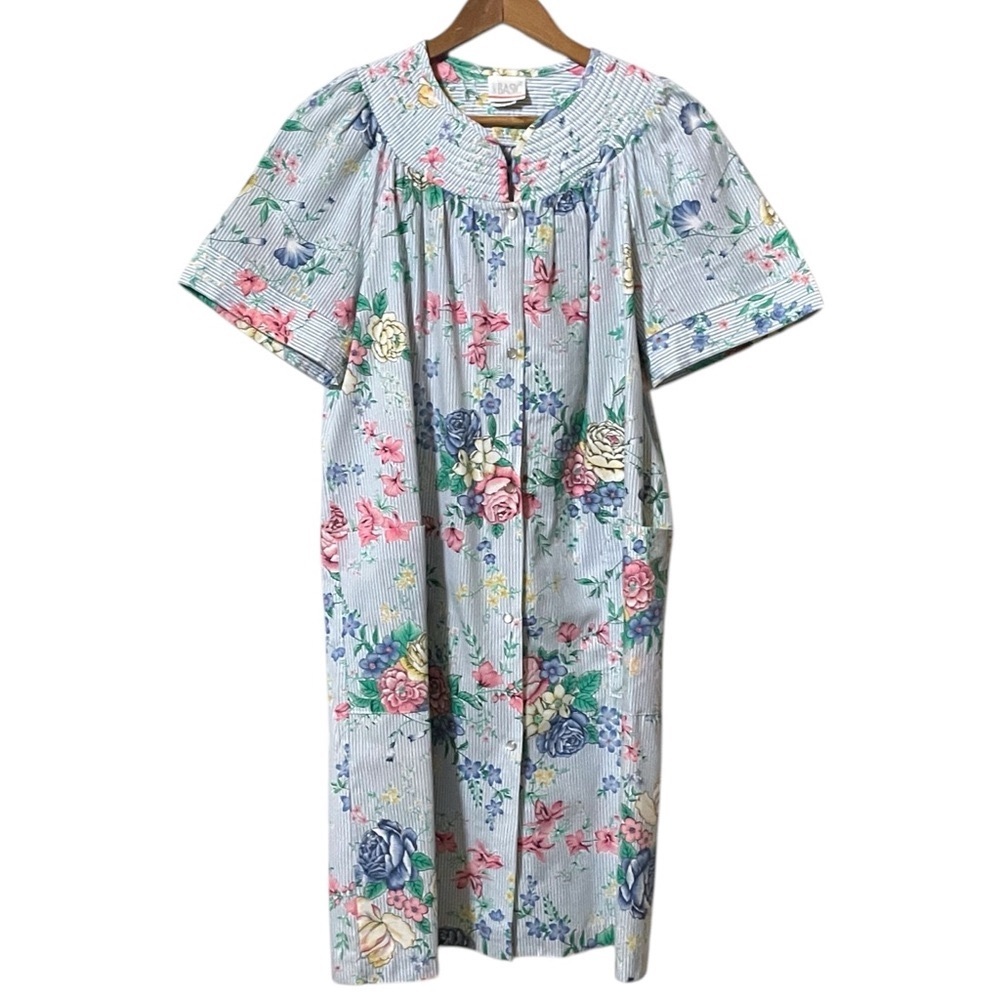 Housecoat Robe Grannycore Blue White Floral Pearl Button Snap Front Pockets Sz S